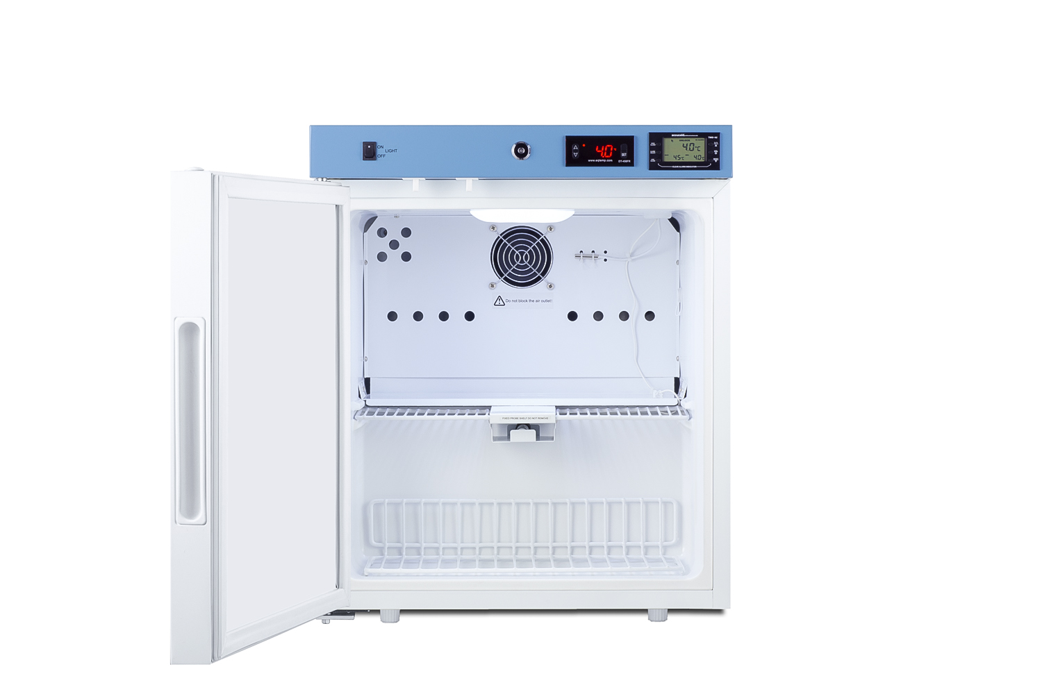 Compact healthcare all-refrigerator certified to NSF/ANSI 456 with self-closing solid door, front lock, digital controls, and NIST-calibrated temperature readout